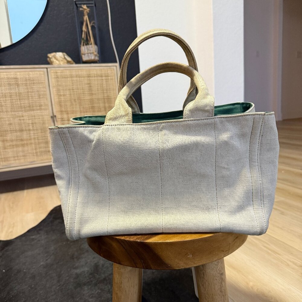 Prada Beige and Green Canapa Canvas and Satin Flower Tote Bag - Picture 2 of 12
